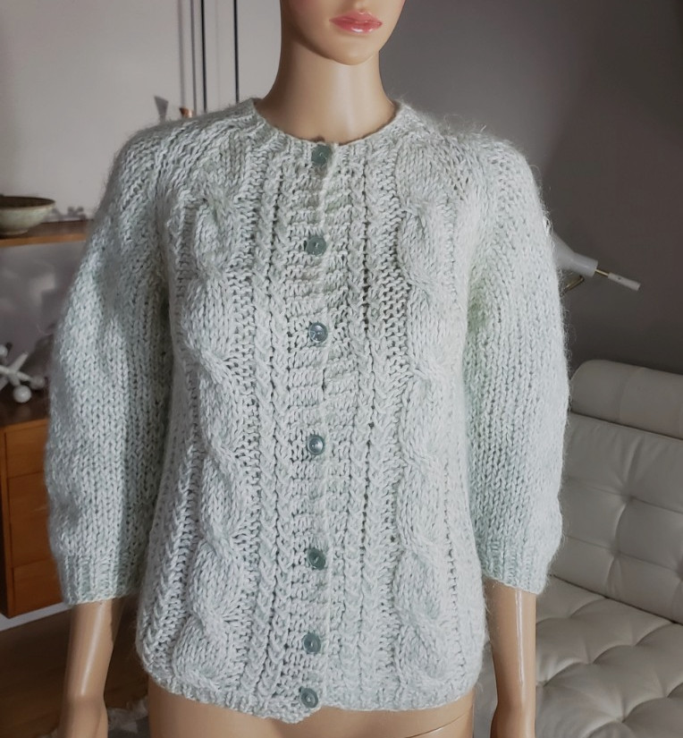 Vintage 1960s Seafoam Wool Mohair Cardigan Sweater Knit in Italy Women’s Small