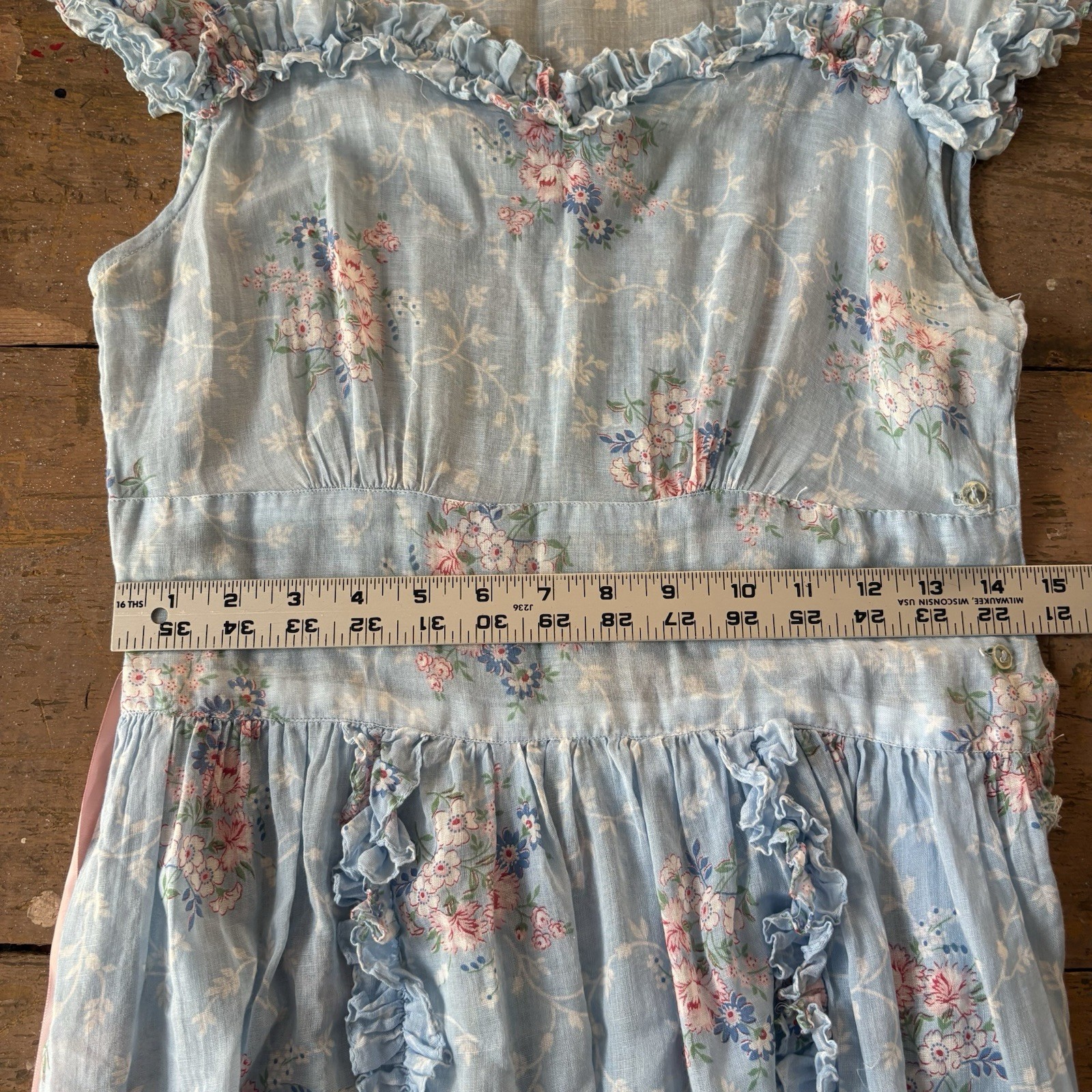 Vintage 1940s Blue Floral Cotton Voile Fabric Dress Ruffle Trim Summer