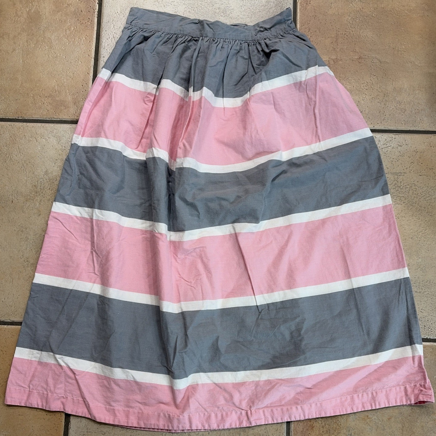 1970’s 31″ Long Unfinished Homemade Stripped Skirt Gray, Pink & White