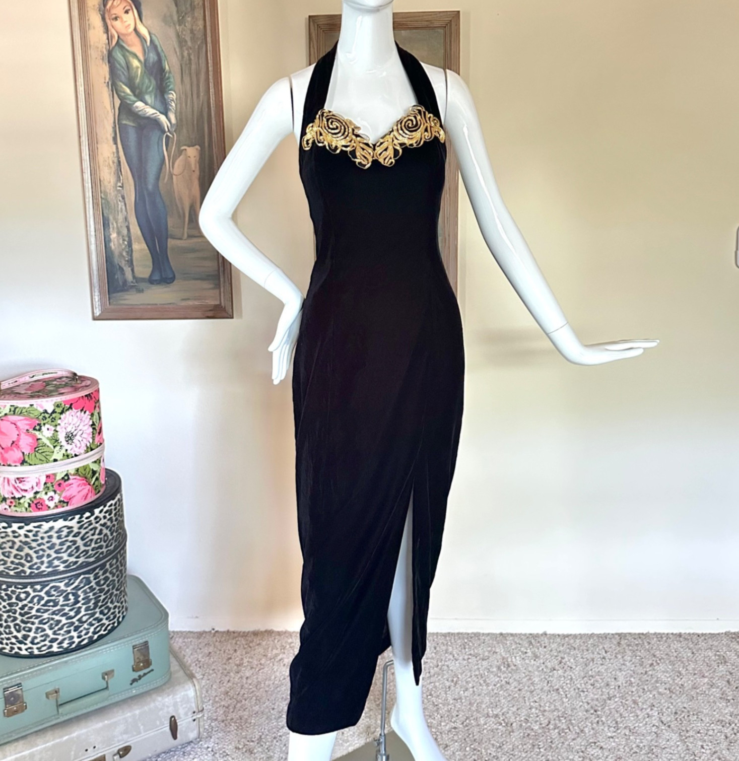 Vtg 1980s Vamp Black Velvet & Gold Squiggle Cage Halter Dress Goth Prom Gown L