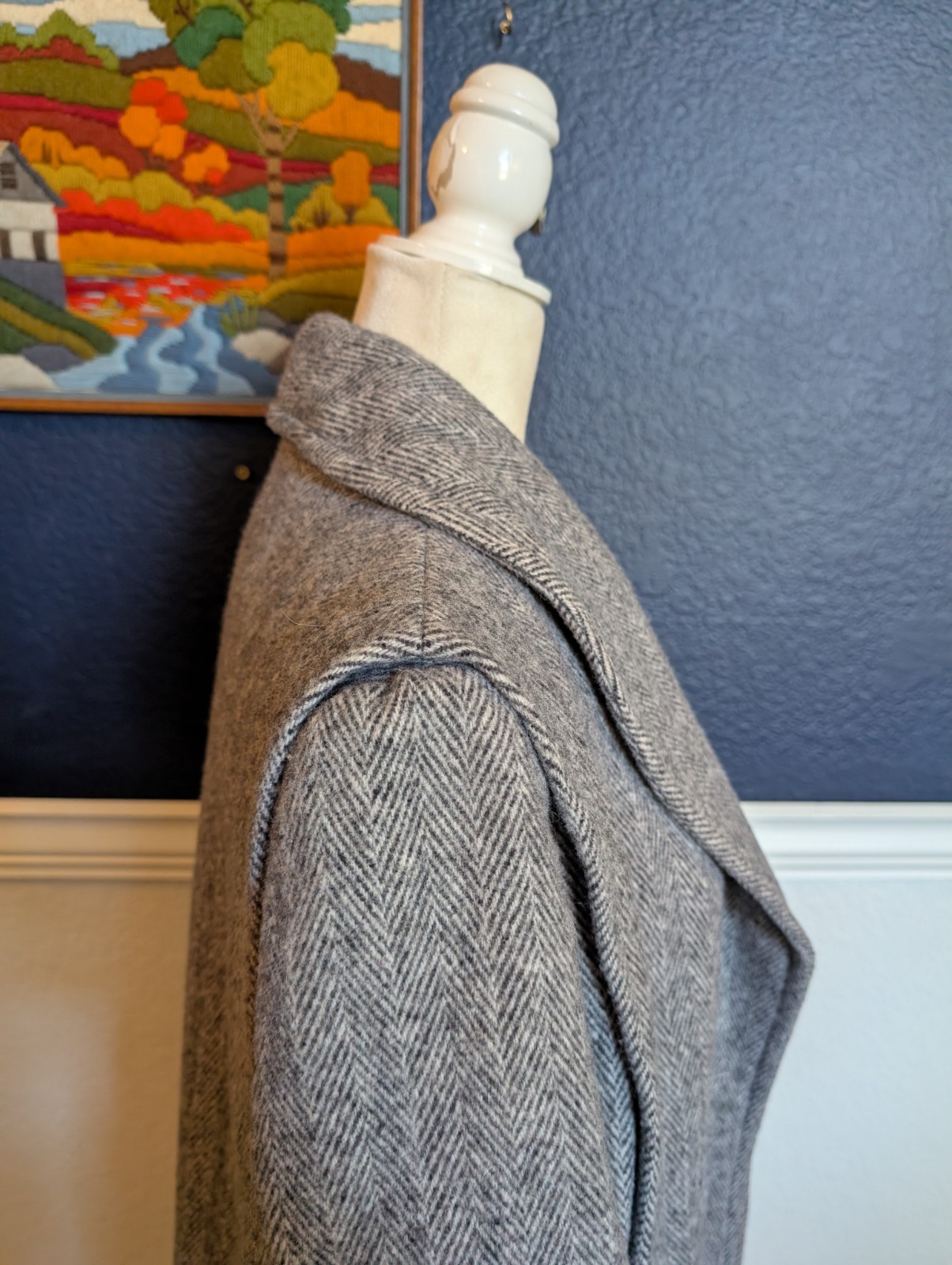 VTG Herman Kay Gray Black Tweed Herringbone Wool Pea Coat Overcoat Sz Large L