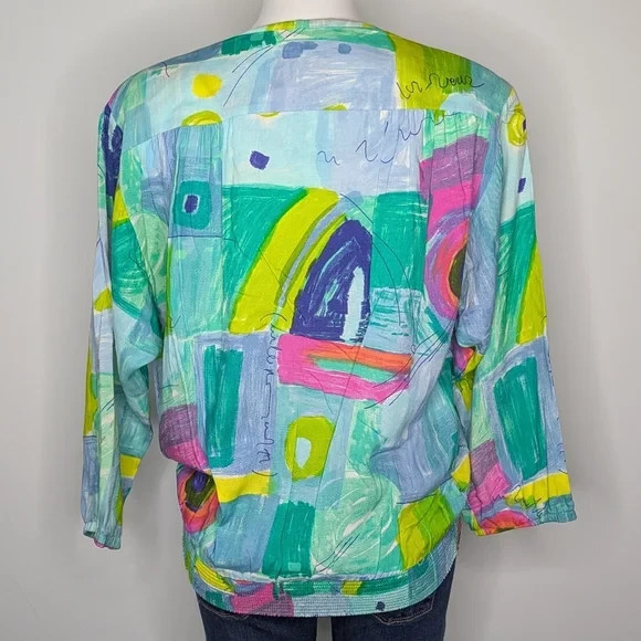 Vintage Jo Hardin Blue Green Pink Colorful Abstract Artsy Blouse 10