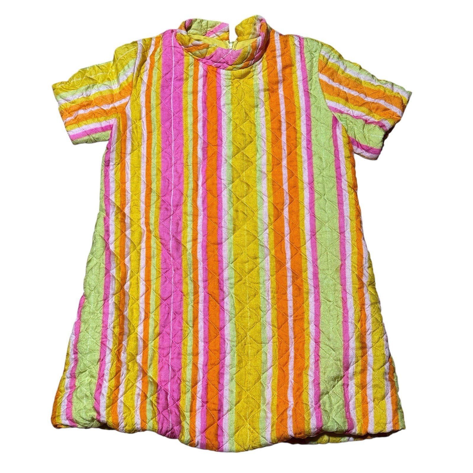 Vintage 60s 70s Keyloun Linear Print M Medium Quilted Top Pink Yellow Mod GoGo