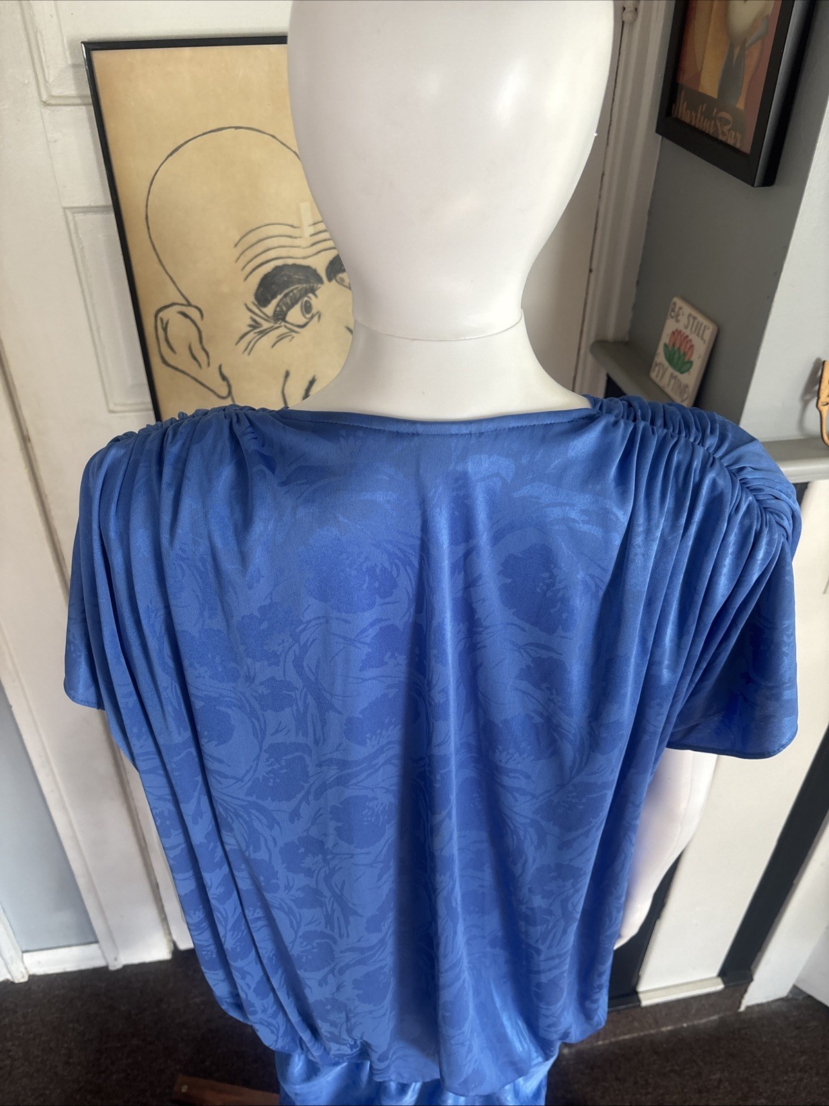 80s RICCARDO Drop Waist Dress Blue Size 16.5 USA made Silky Floral Shoulder Pads