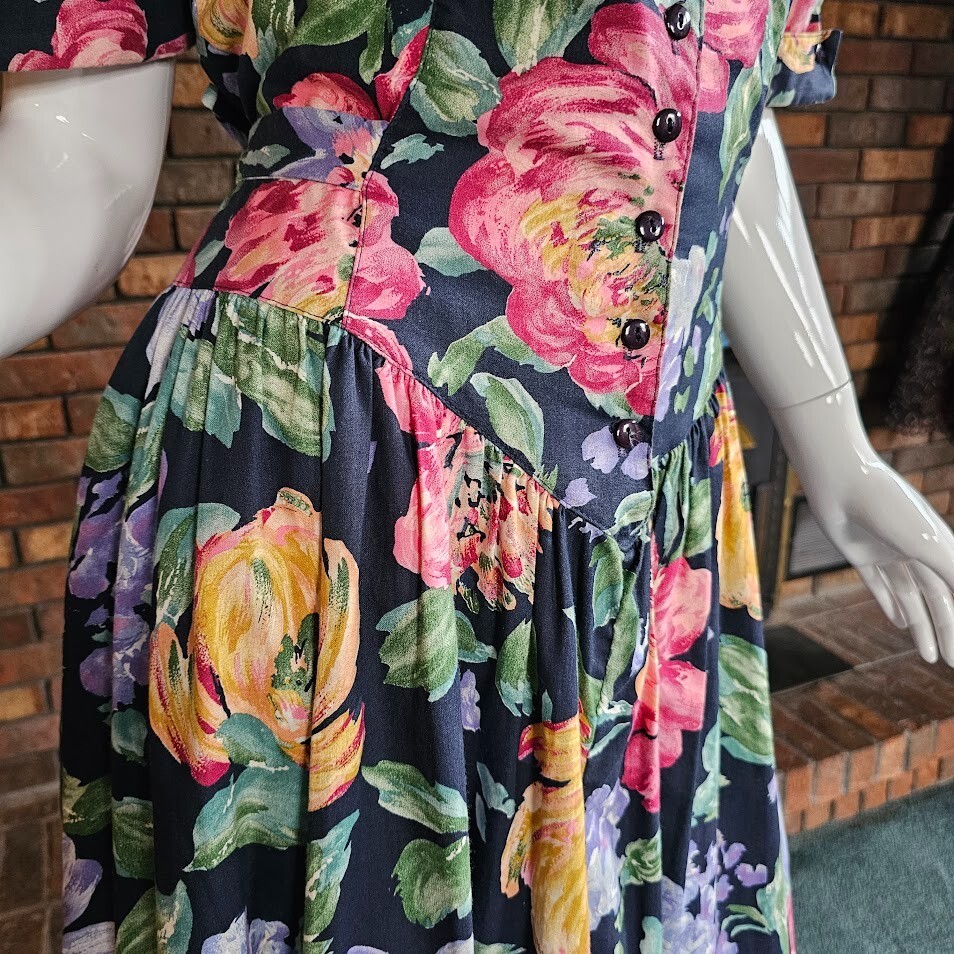 Vtg 80s Trad Wife Impressionist Floral Princess Waist Puff Sleeve Tea Dress M/L