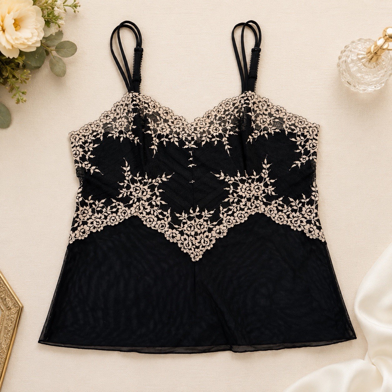 Wacoal L Black Beige Lace Mesh Camisole Sheer Floral Lingerie Top Coquette Fairy