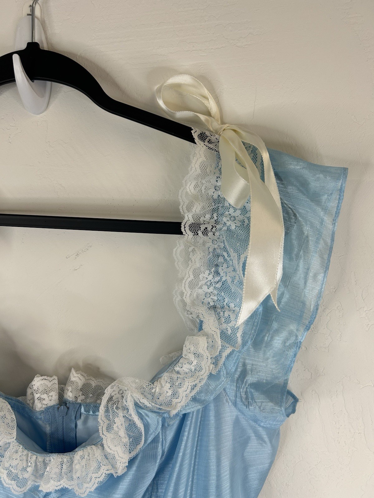 Vintage 70s Formal Blue Satin Gown Lace Trim Bows Princess Theatrical Costume