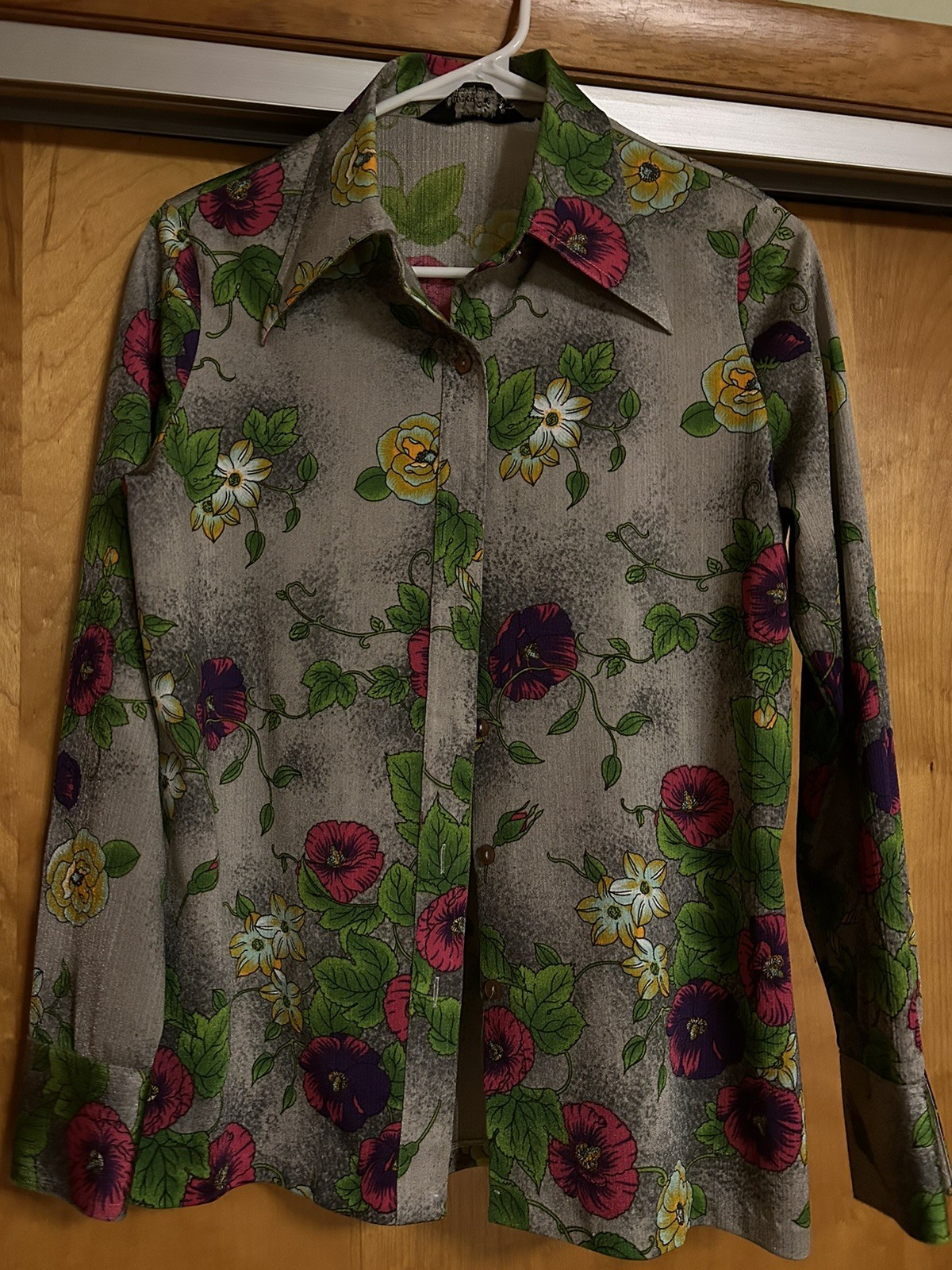 Vintage Lucky Pierre Button Down Shirt Gray Long Sleeve Mod Floral