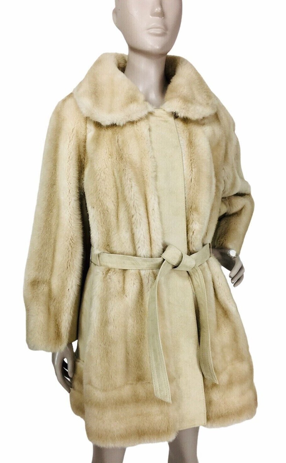 VTG 60s Lilli Ann Beige Suede Leather Faux Fur Belted Mob Wife Penny Lane Coat