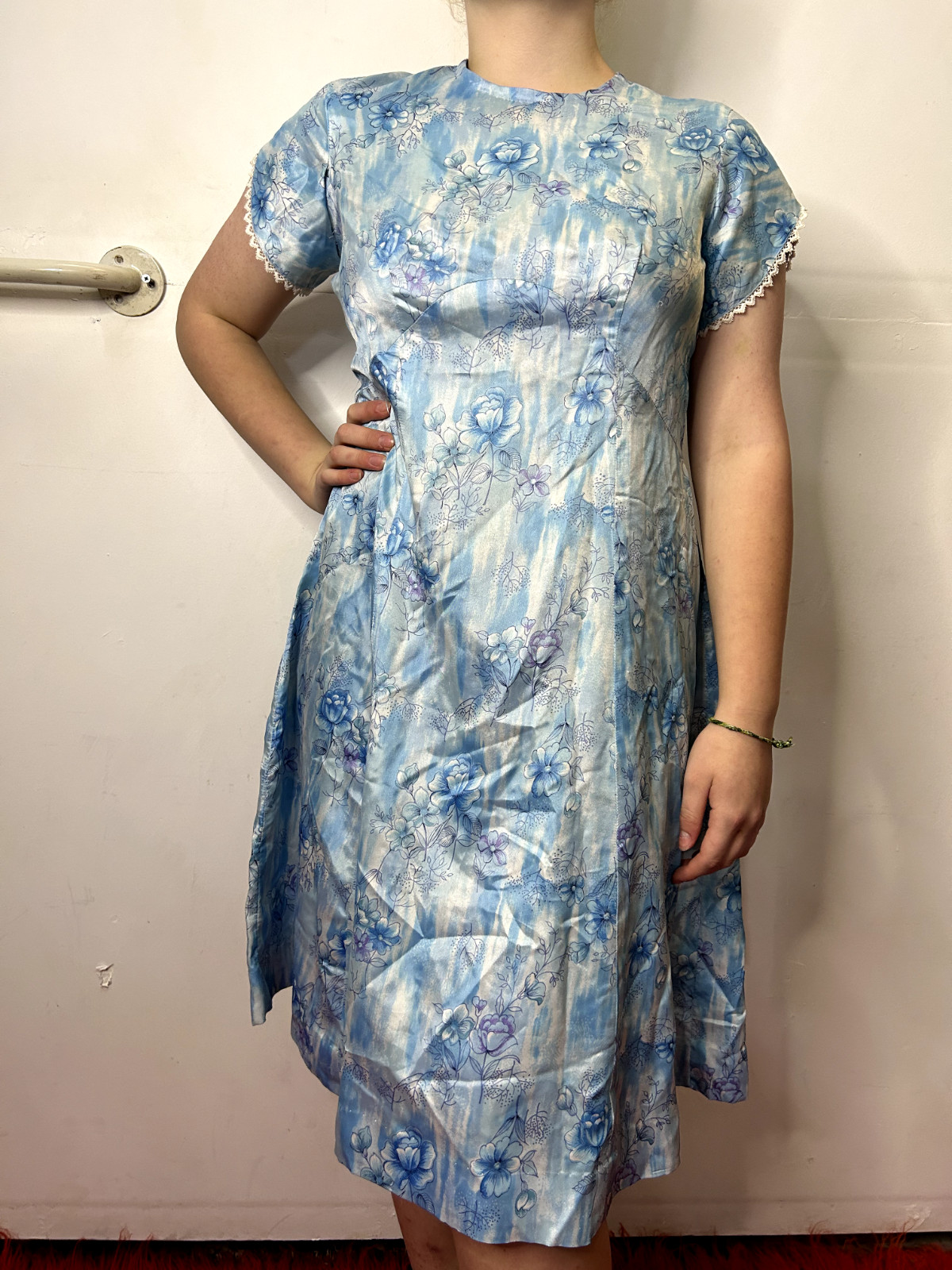 Vintage 1980s does 50s Baby Blue Floral Dress A-Line Cocktail Lace Trim AU 14
