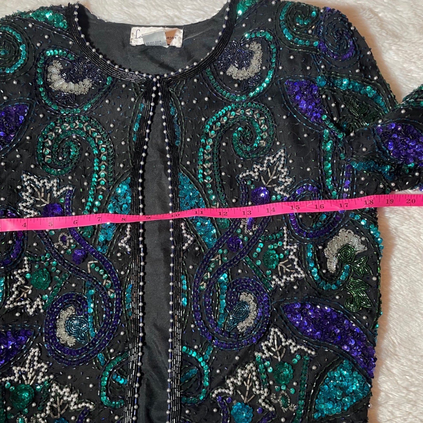Laurence Kazar VTG Beaded Sequin Silk Paisley Jacket Teal Black PS 80s Glam
