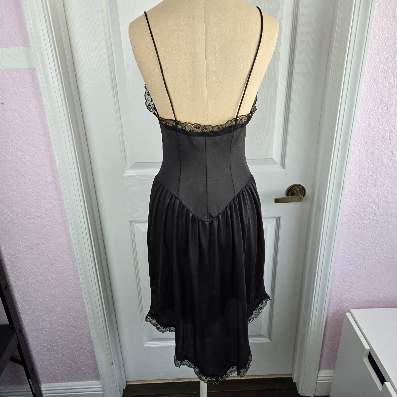Private Matters Black Vtg 70s Lingerie Nightgown Slip Dress Size M Metalic
