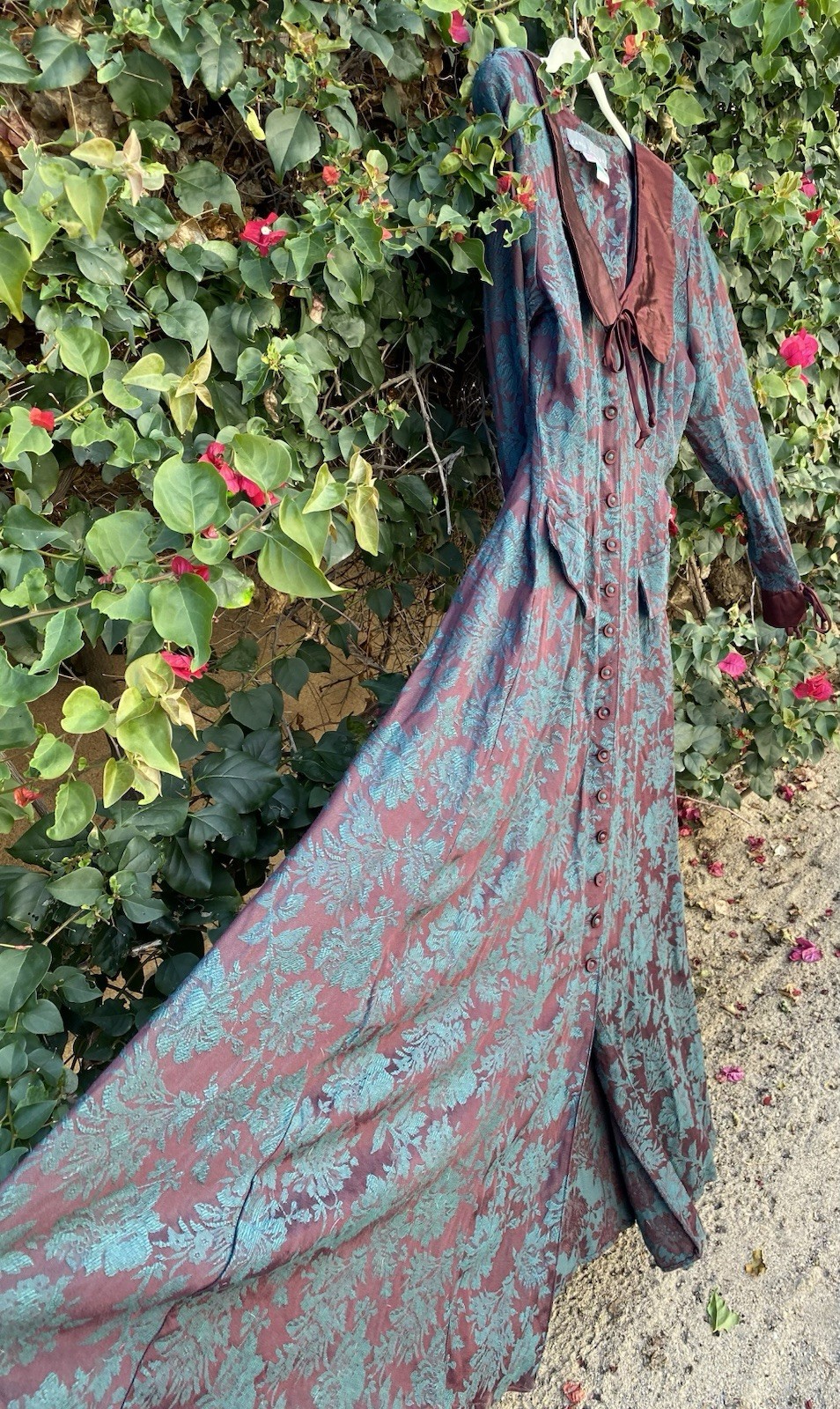 Vintage 80s 90s Karen Alexander Floral Jacquard Maxi Dress Burgundy Green USA 8