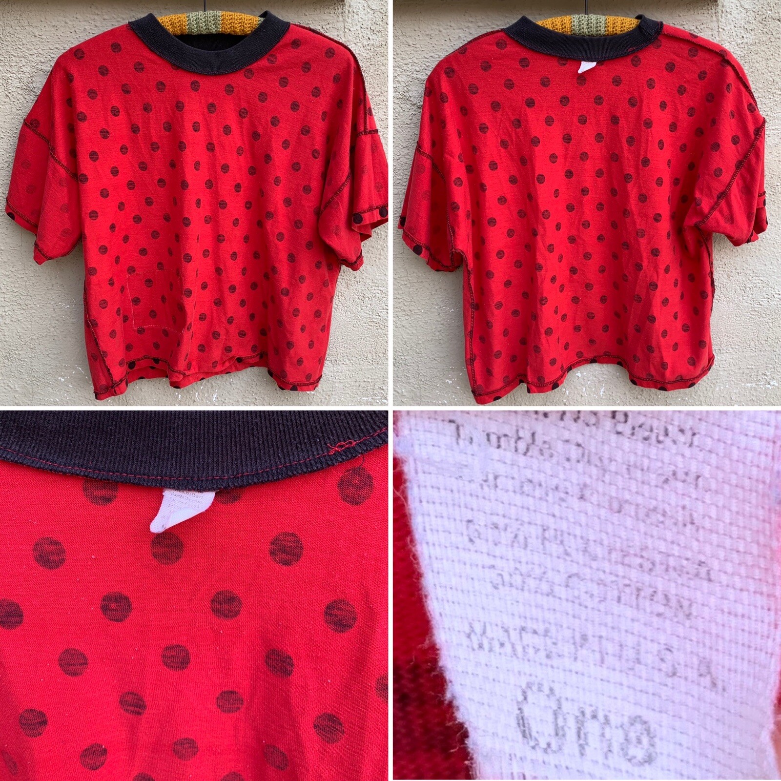 Vintage Crop Top T-Shirt Polka Dot Big Logo Graphics Made In USA 80s One Size