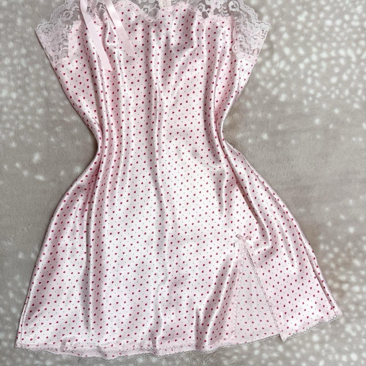 Vintage Victorias Secret Pink Red Heart Polka Dot Lace Lingerie Slip Mini Dress
