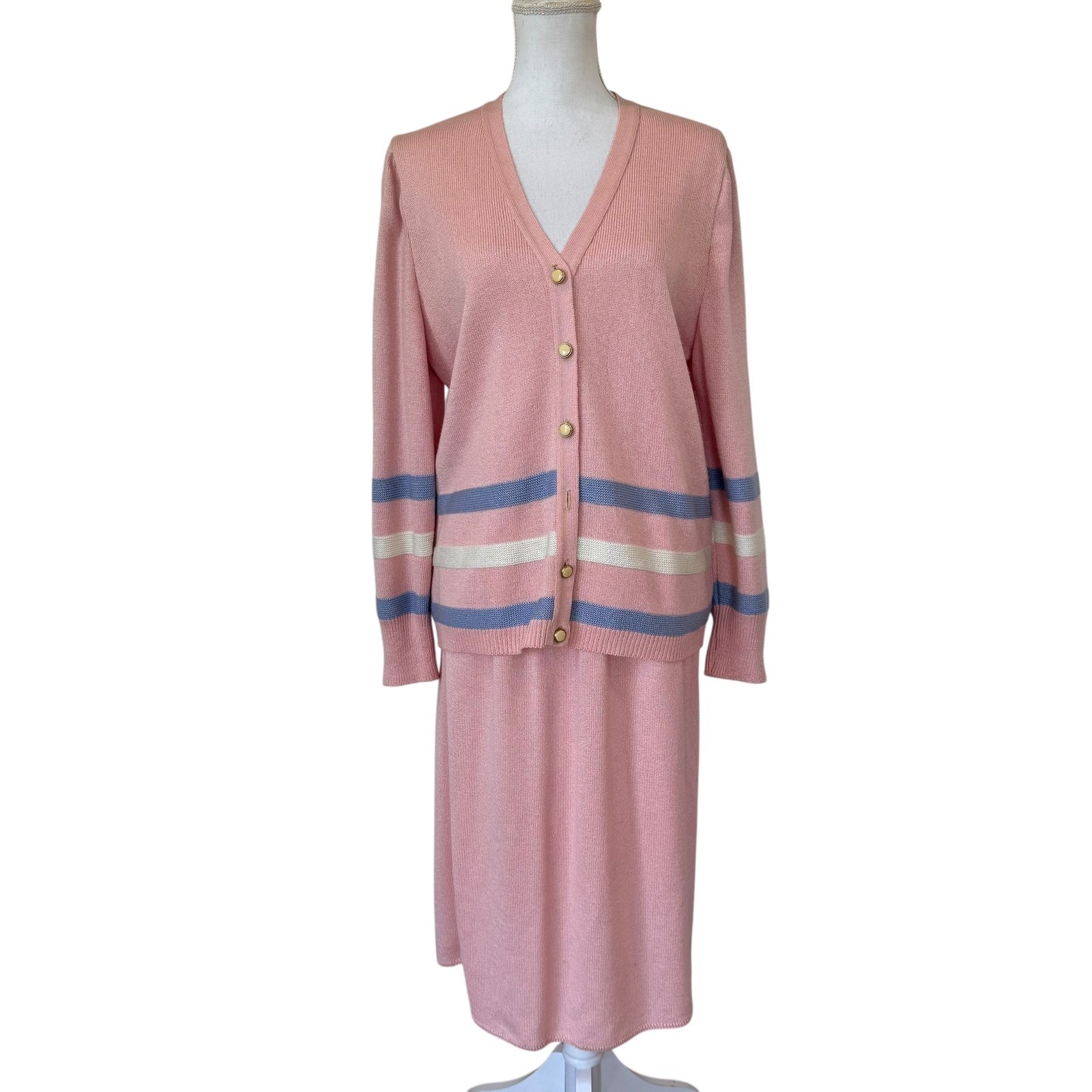 Vivanti Vintage Pink Knit Skirt Suit Cardigan Set Striped Size 14 Made in USA