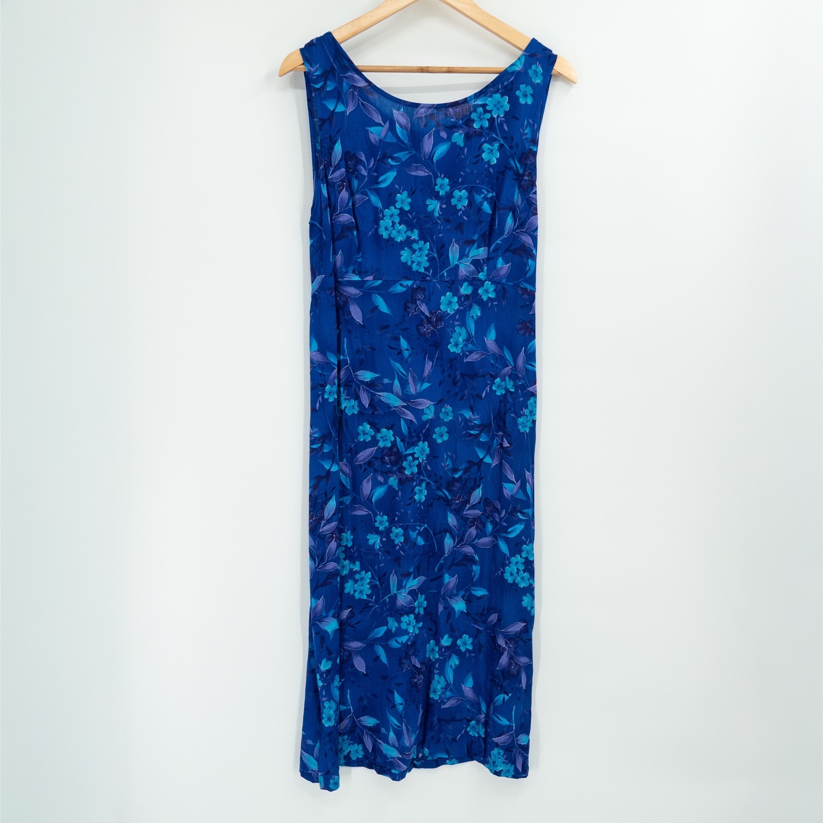 Vintage Floral Long Dress 10 Blue 90s Rayon Midi Grunge Boho Miss Honey Granny