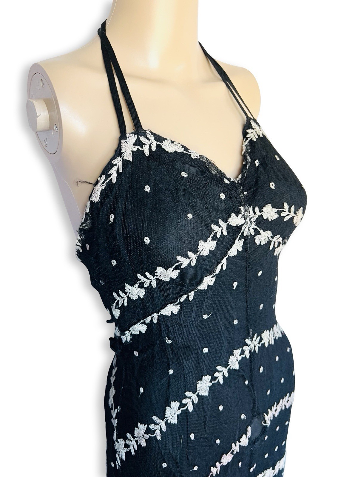 Vintage 1930s Black Mesh White Eyelet Lace Bias Cut Gown Dress Small XS As Is