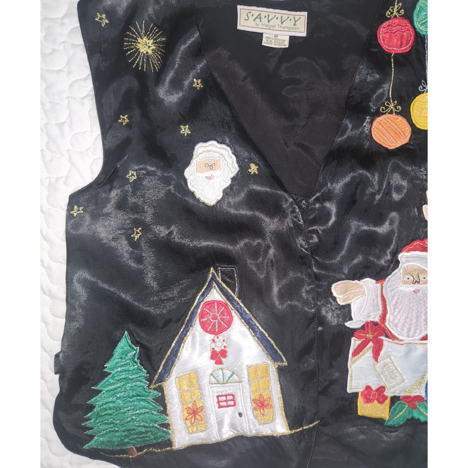 Vintage SATIN Christmas vest Ornaments Santa Black Red Applique medium chest 38