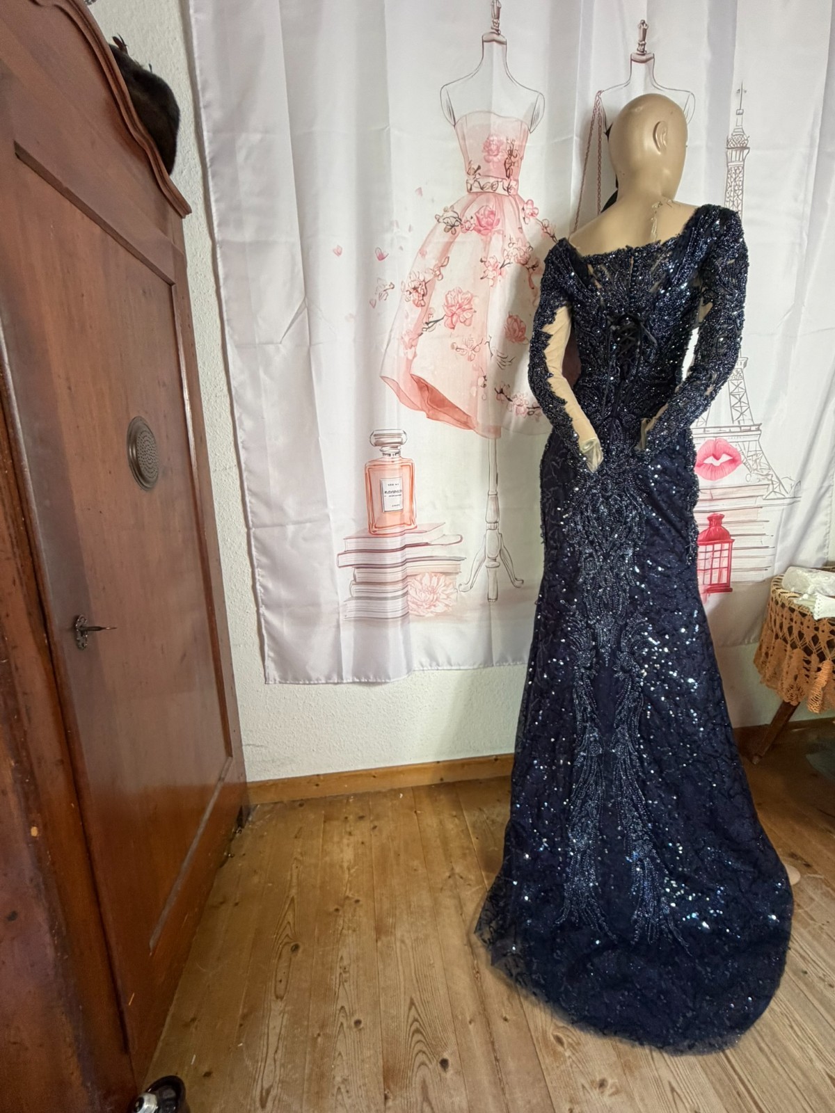 Vintage 80s 90s Mermaid Dress Gothic Wedding Beaded Evening Gown Train 32 34