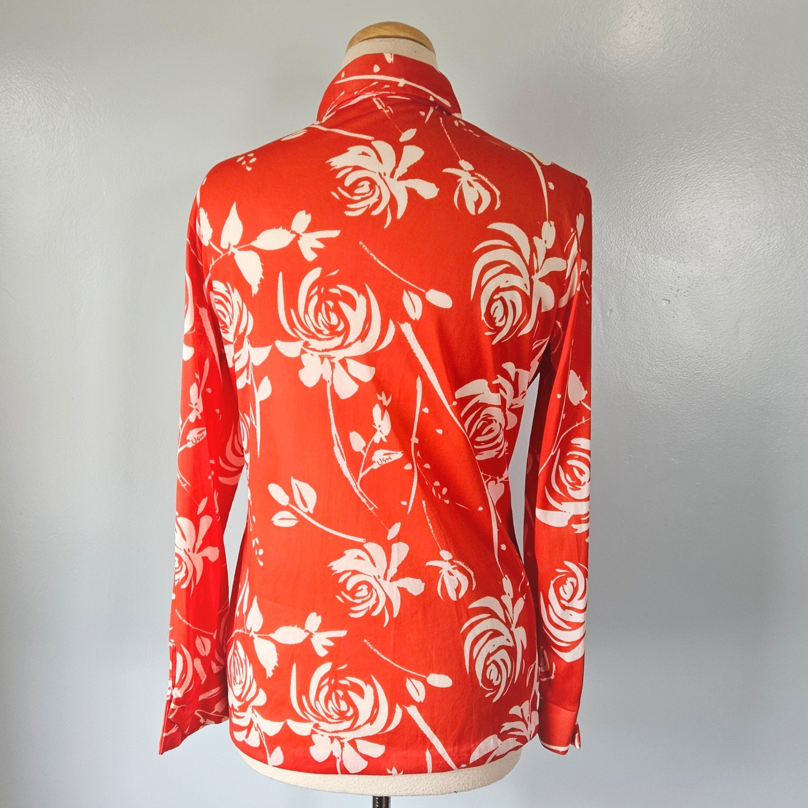 Vera Neumann Vintage 70s Orange Red White Rose Floral Dagger Collar Blouse M