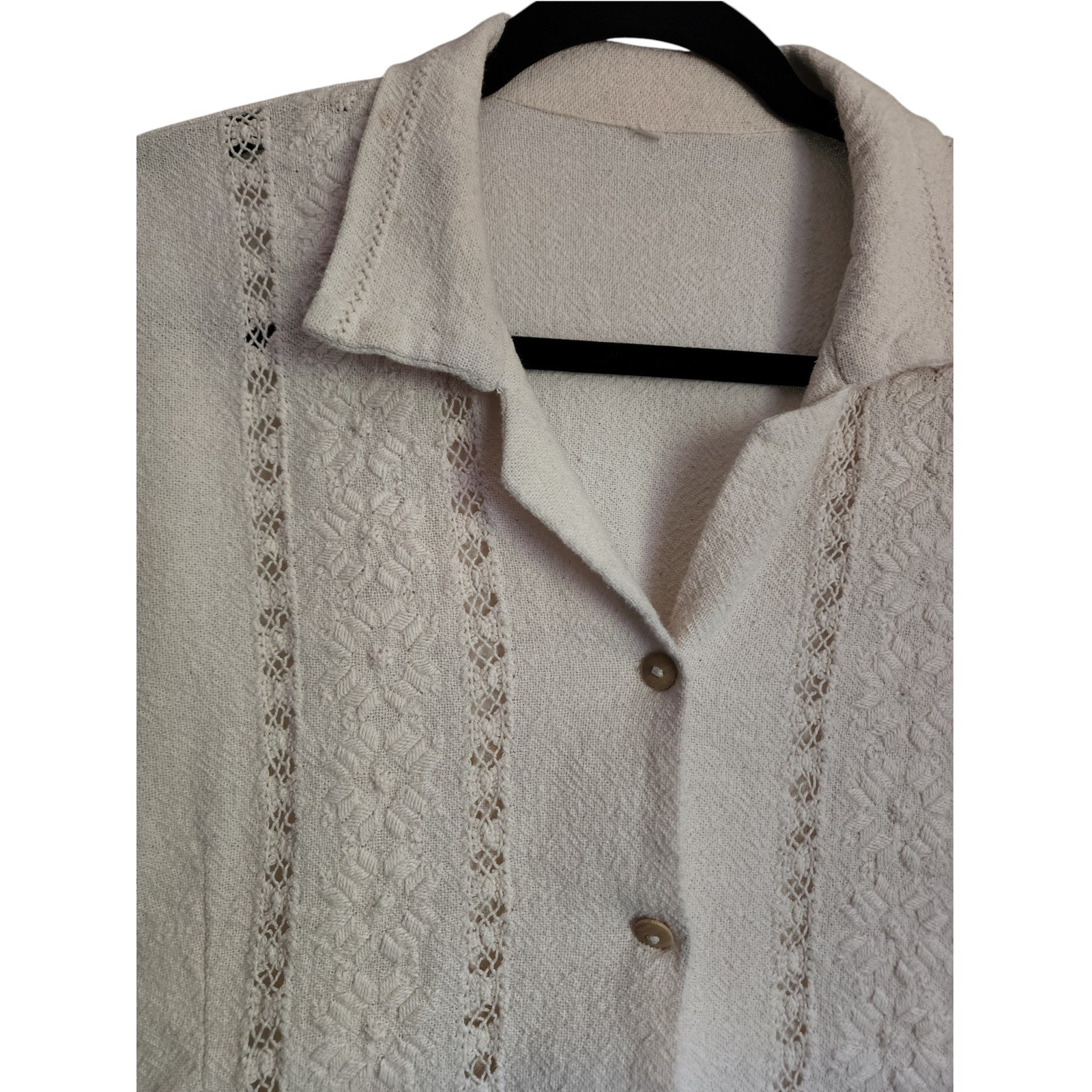 Vintage White Textured Button Front Blouse, Lace Detail, Cottagecore, Size M