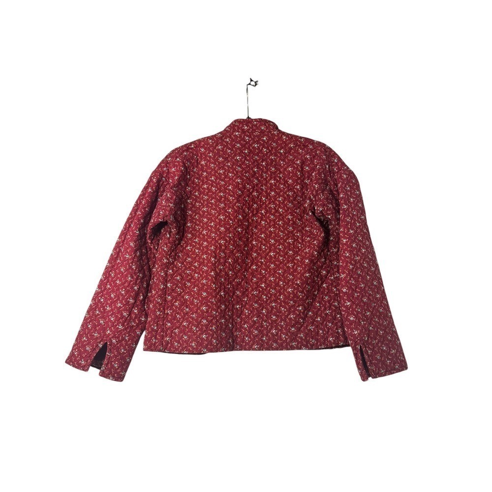 Vintage Burgundy Floral Quilted Jacket Mandarin Collar Frog Closures Calico