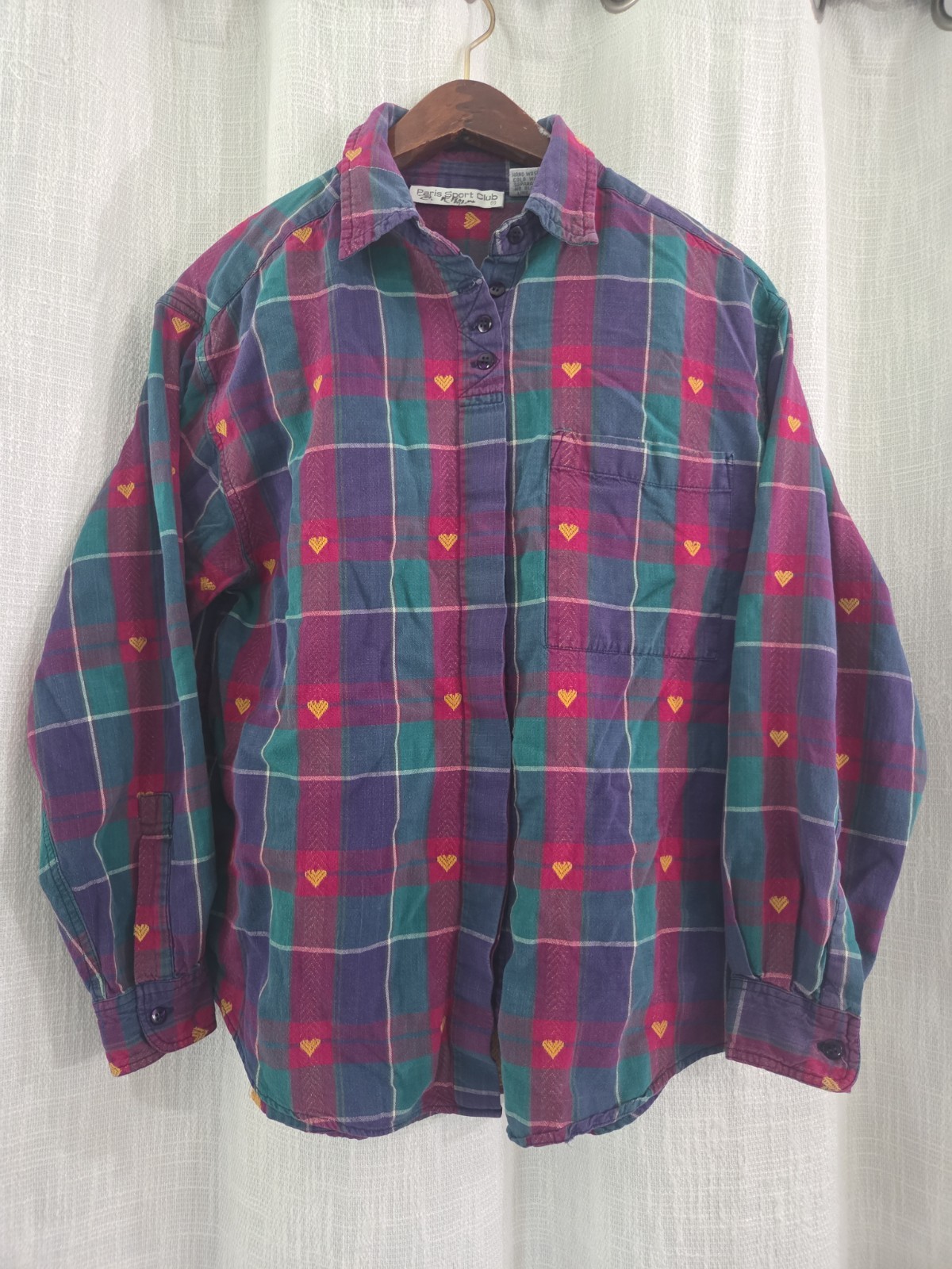 Vintage Paris Sport Club Button Down Heart Flannel Shirt Size M 90’s