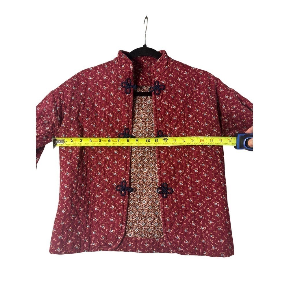 Vintage Burgundy Floral Quilted Jacket Mandarin Collar Frog Closures Calico