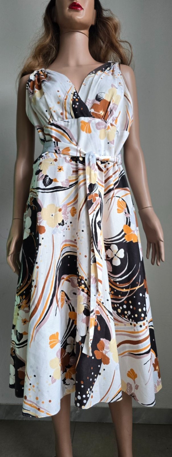 Vintage70sTRINA LEWIS& MARJON COUTURE Cotton Dress Abstract Floral Bust-90cm/35″