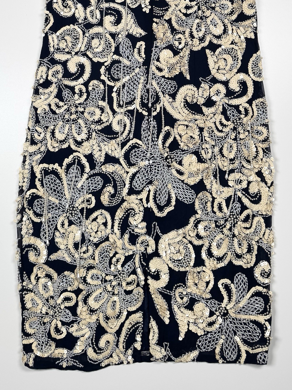 Vintage 80s 90s NITE LINE Beaded Sequin Silk Dress Blue Gold Floral Niteline 10
