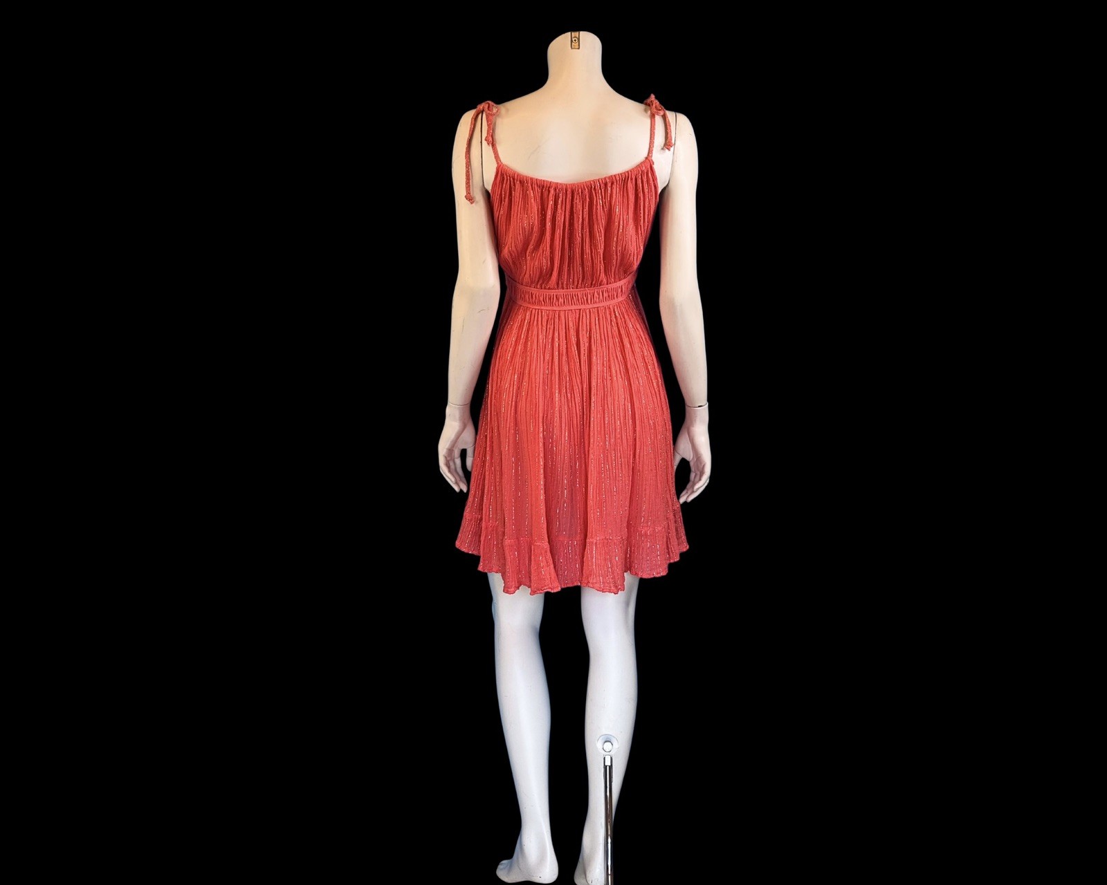 80s Greek Goddess Coral Gauze & Gold Lurex Mini Vintage Sundress | S