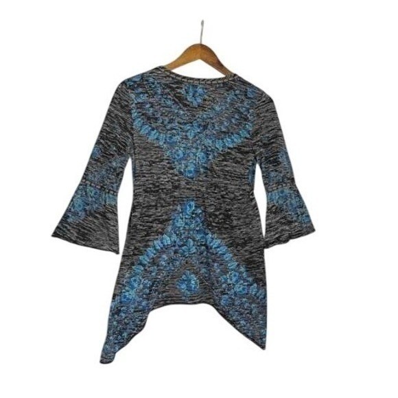 Free People Boho Peasant Blue Floral Embroidered Bell Slve Cotton Tunic S