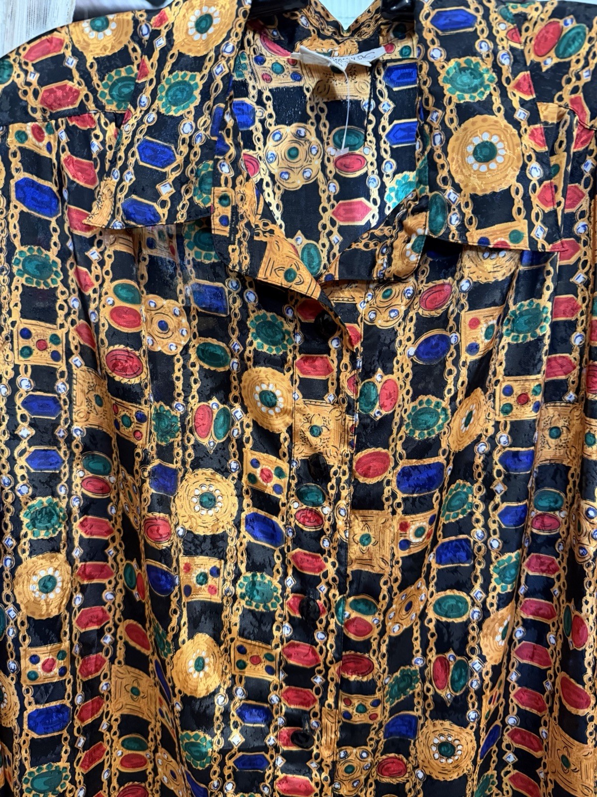 Vintage 80s Bold JEWEL PRINT Dress Brownstone Studio Size 16 Shoulder Pads