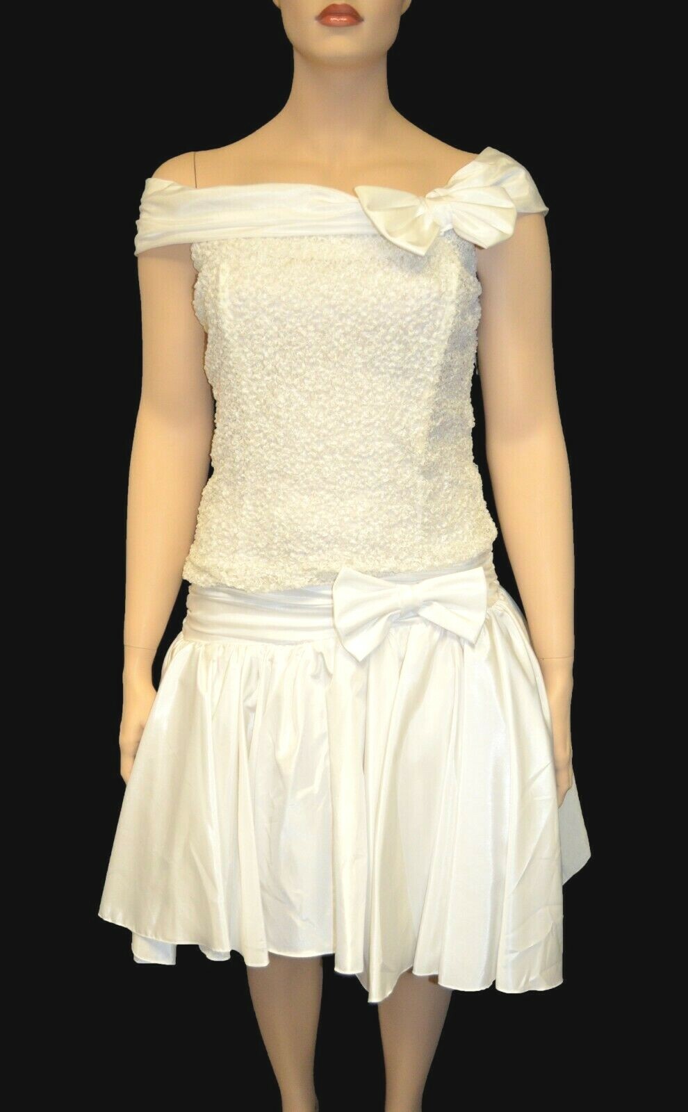 Dave & Johnny Vintage 80s White Taffeta Off Shoulder Prom Party Dress sz 13-14