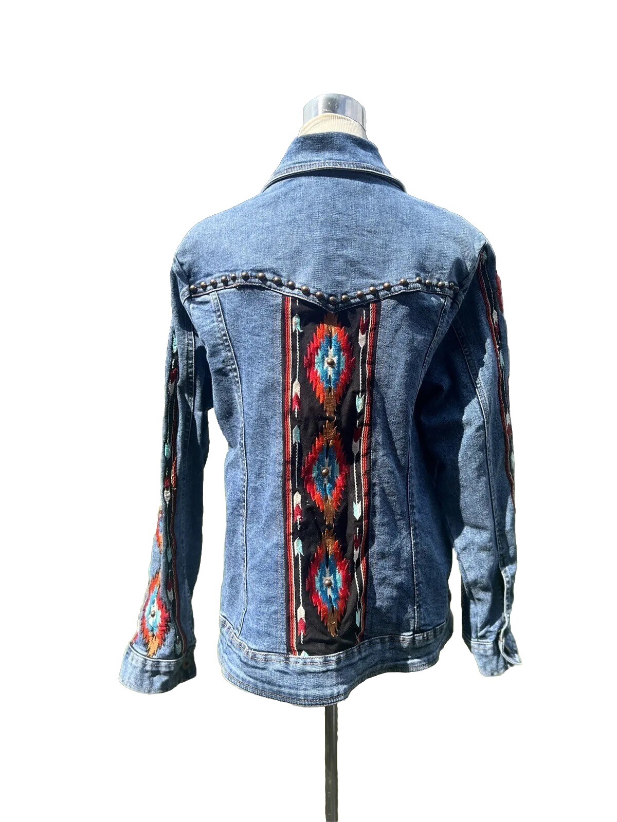 Vintage Denim Jacket Southwest Aztec Flame Embroidered By Vintage Collection Lg
