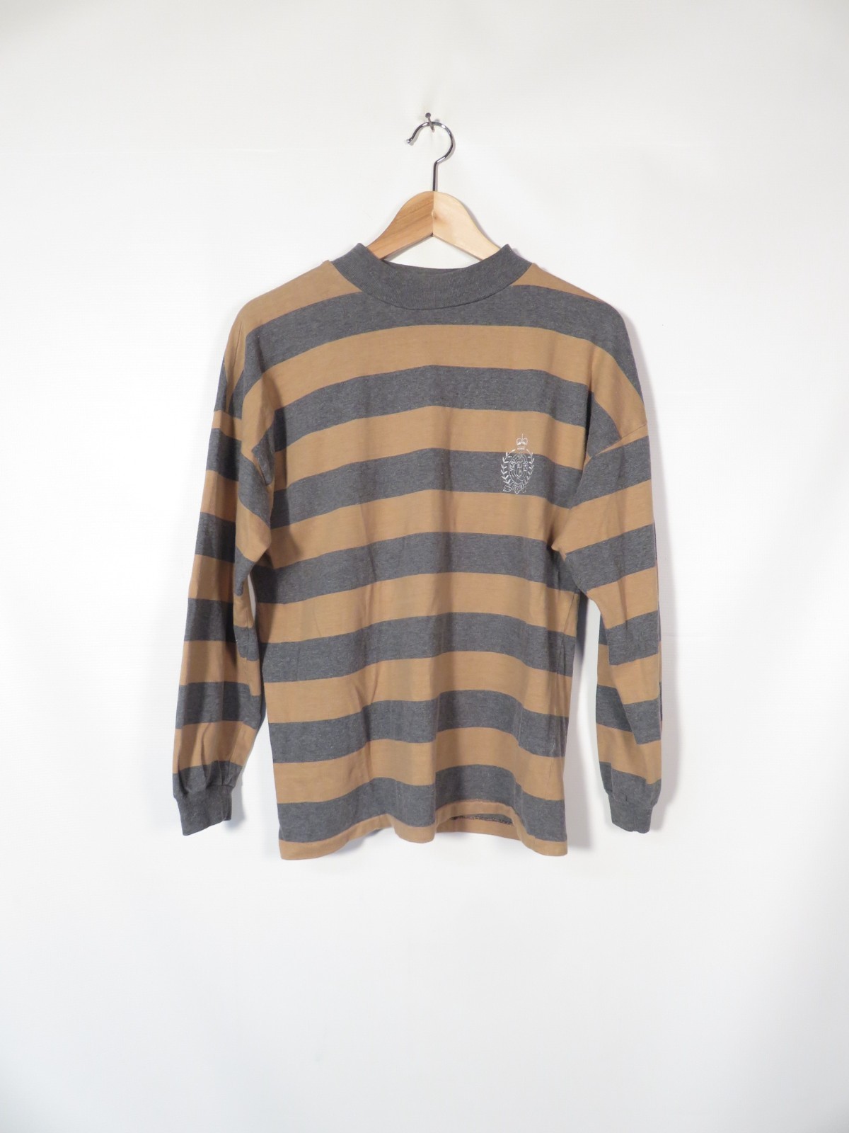 Vintage 80s/90s Gray And Khaki Striped Cotton Tshirt With Crest Logo Made In USA