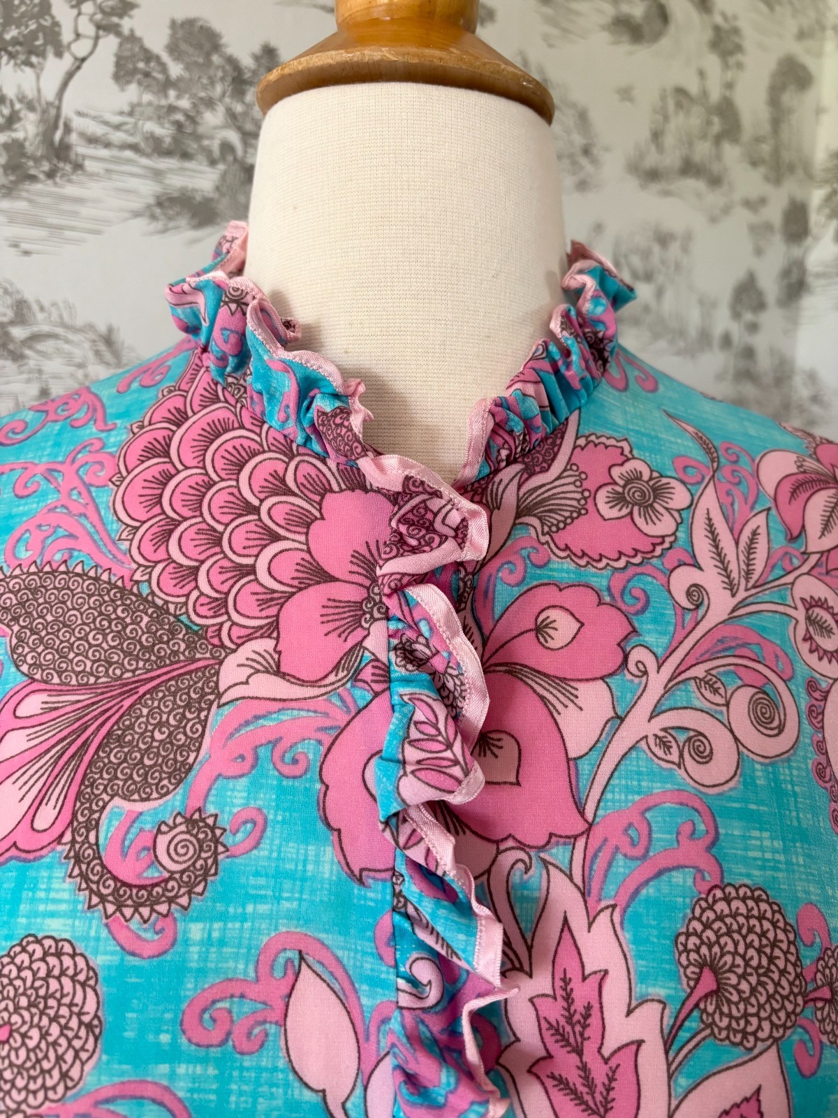 Vintage 70s Funky Floral Midi Dress Blue and Pink Gathered Tie Waist Ruffles