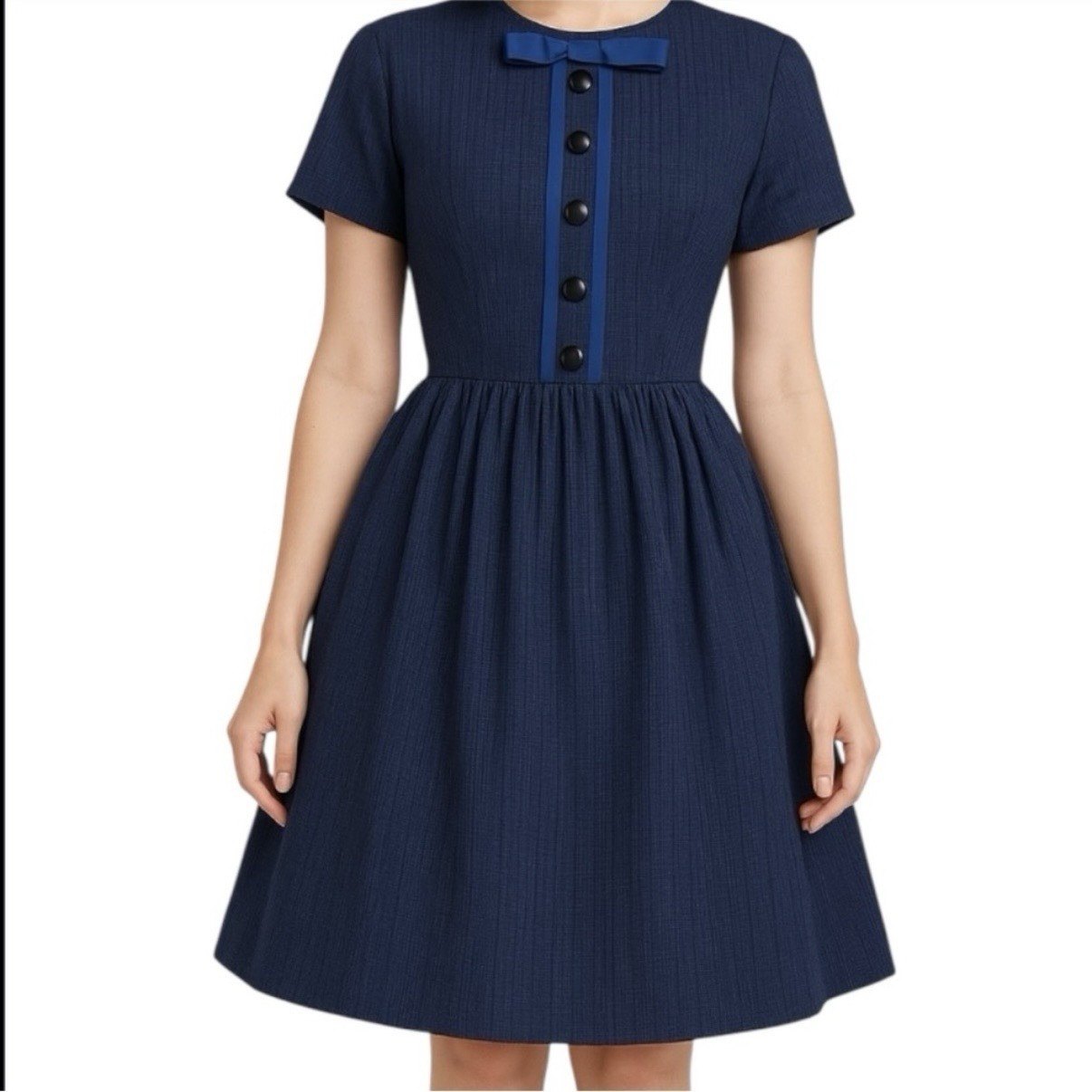 1950s Navy Blue Cotton Pique Day Dress – Fit & Flare, Button-Front & Bow Detail