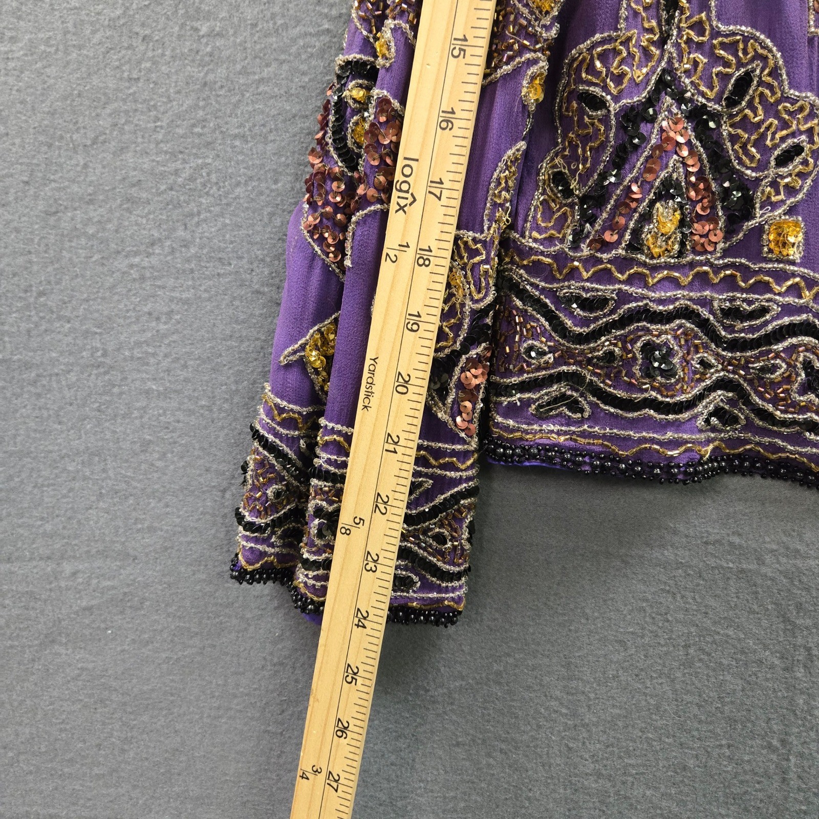 Vintage Beaded Silk Jacket Maximalist XL Purple Sequin Open Festival Art Deco