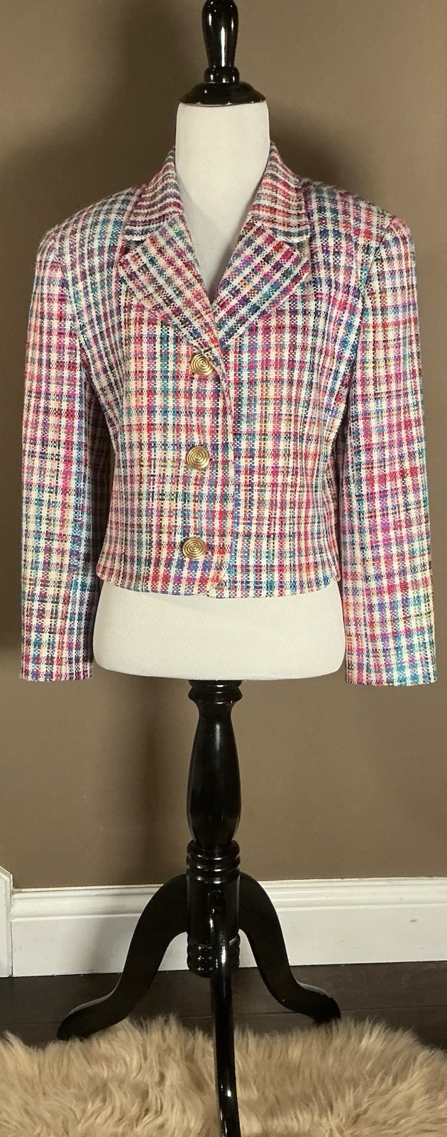 Don Caster Silks Vintage Multicolor Tweed 100% Woven Silk Cropped Blazer Sz 4