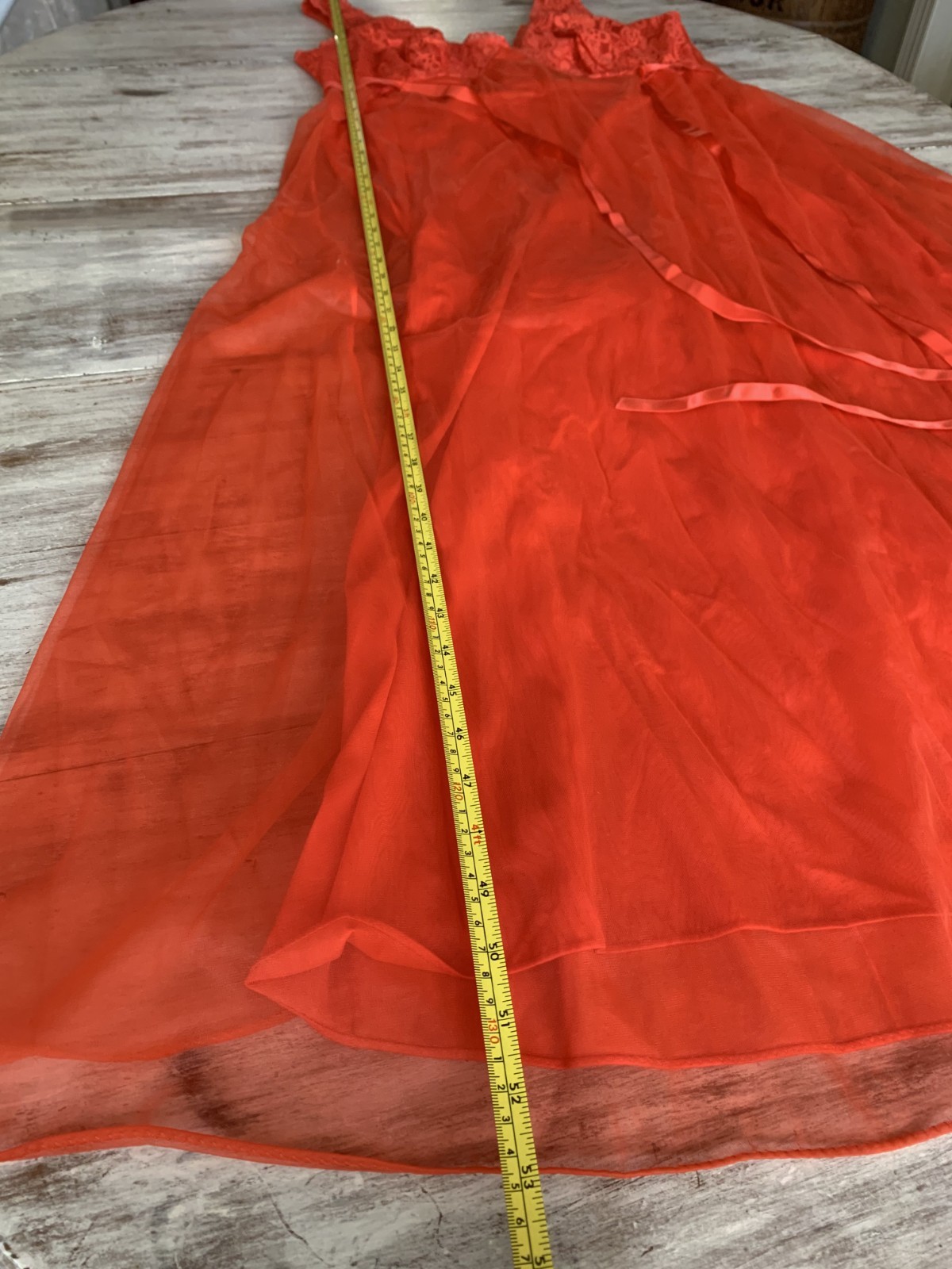 Vtg 60s Chiffon Overlay Persimmon Lace Watteau Train Nightgown Large? CUT TAG
