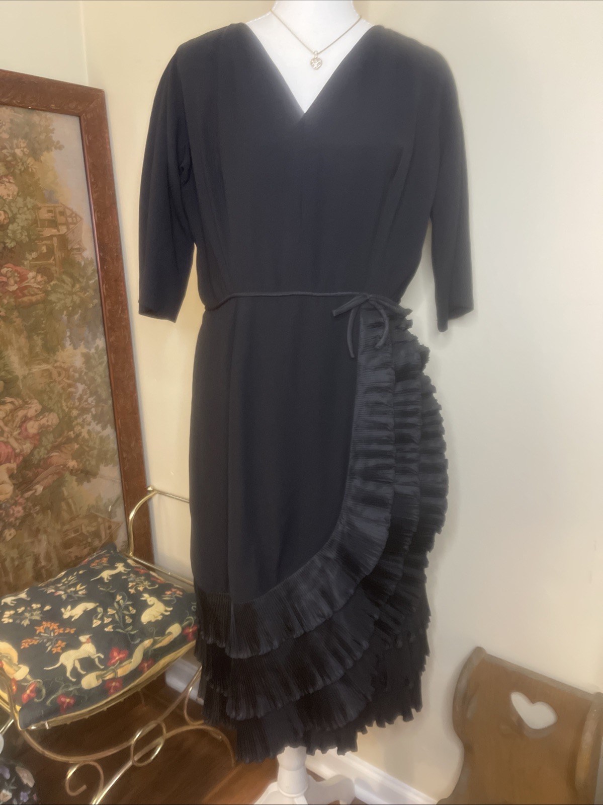 Vintage The Crescent Spokane Black Ruffle Cocktail Dress ILGWU Union Made