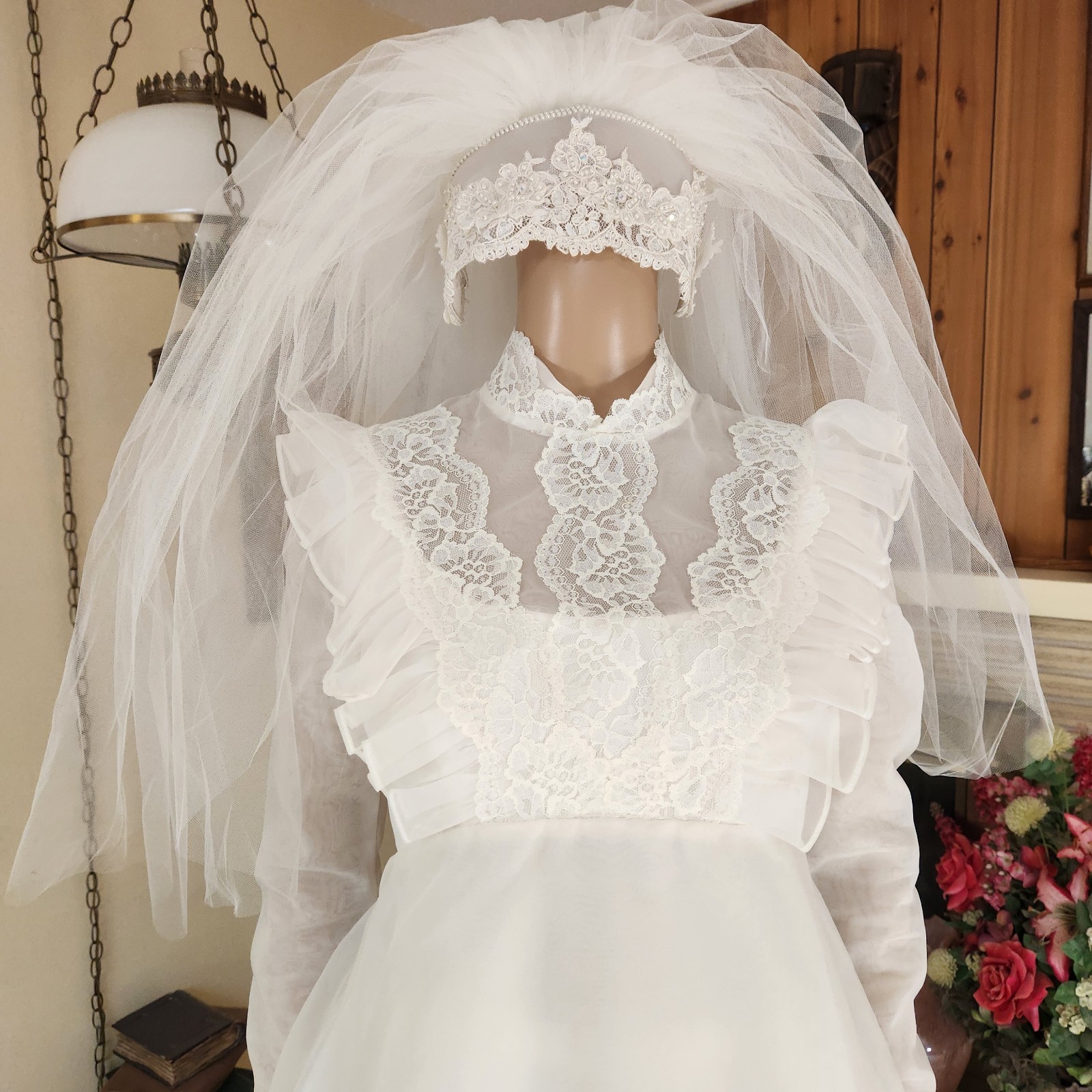 Vintage 70s Victorian Prairie Lace Wedding Gown & Veil Set