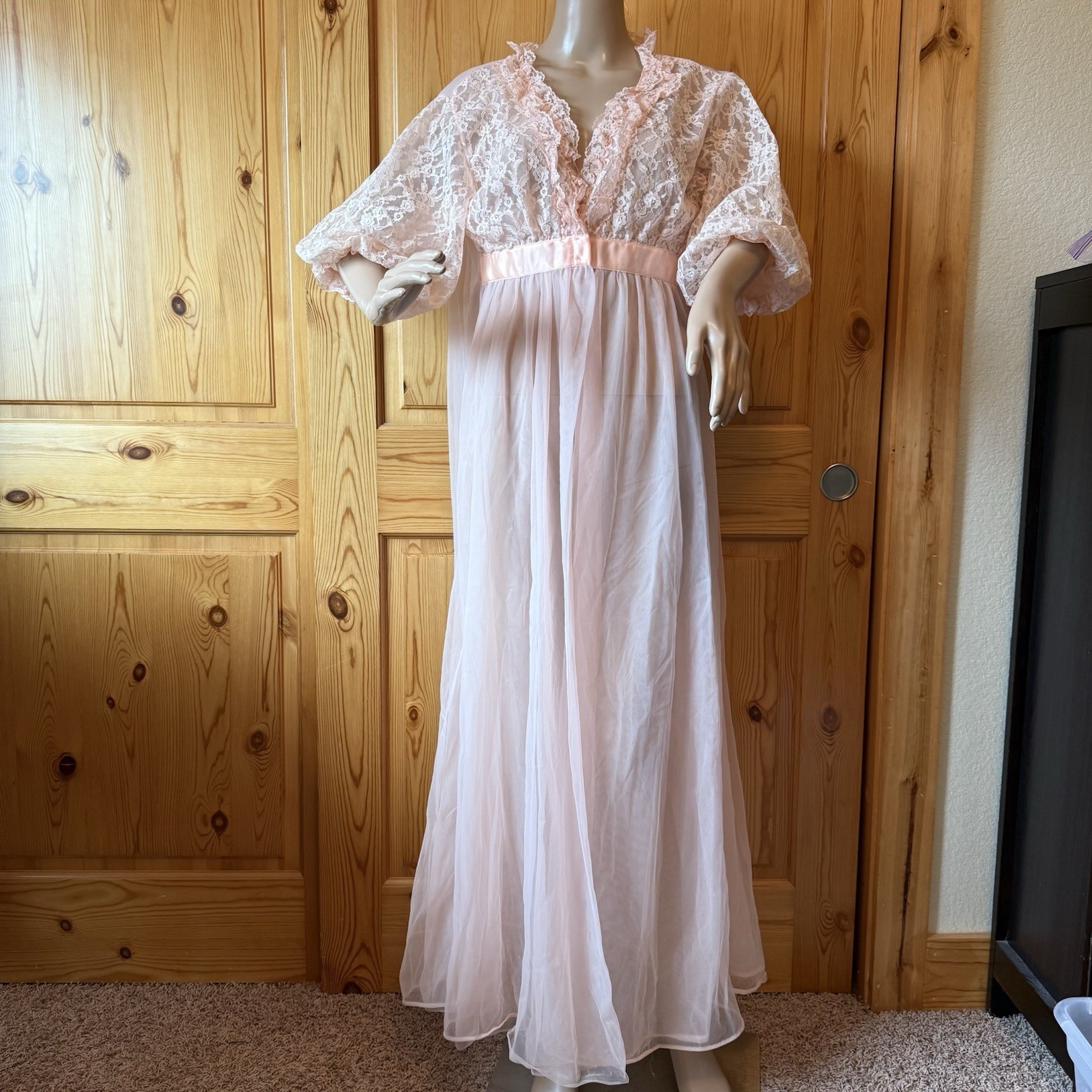 Vintage 60s Pandora Lingerie Peignoir M Nylon Double Chiffon Lace Puff Sleeves
