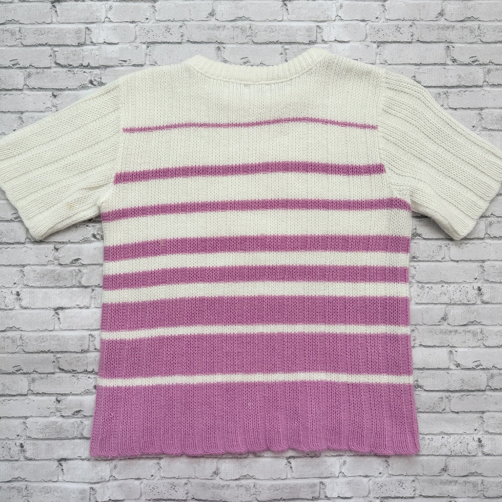 Vintage 1960s Lauren Knitwear Turbo Orlon Purple Striped Short Sleeve Sweater