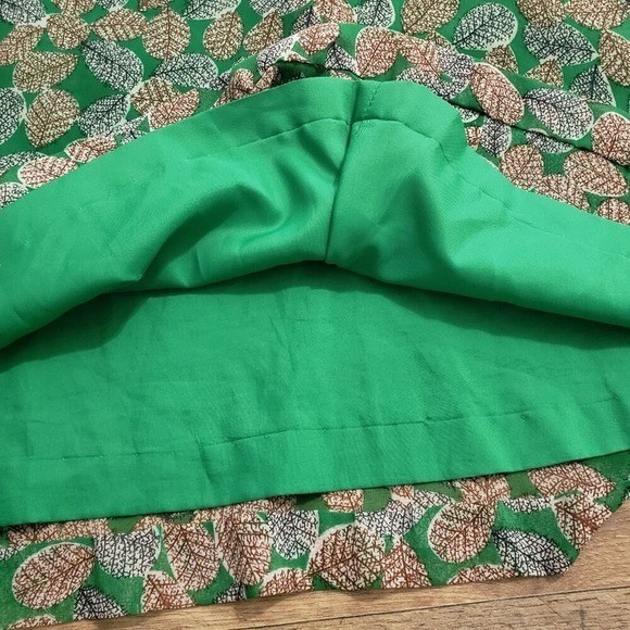 Vintage Union Dress Maker Green Leaf Print Pussy Bow A-Line Dress Short Sleeve
