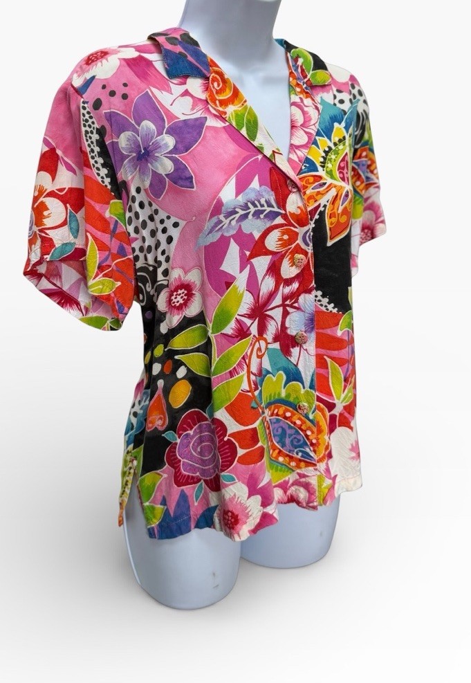 Vtg 80’s Jam’s World Hawaiian Floral Button Up Shirt Size L/XL Collar Bright