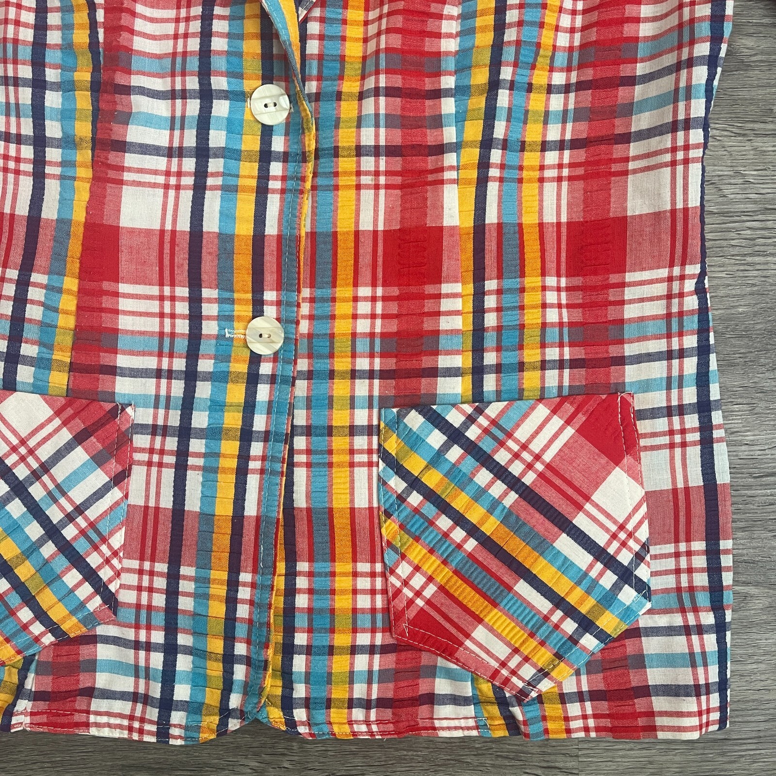 Vintage Retro 70s 80s Salem Red Teal Navy Yellow Plaid S/S Casual Top Sz 13/14