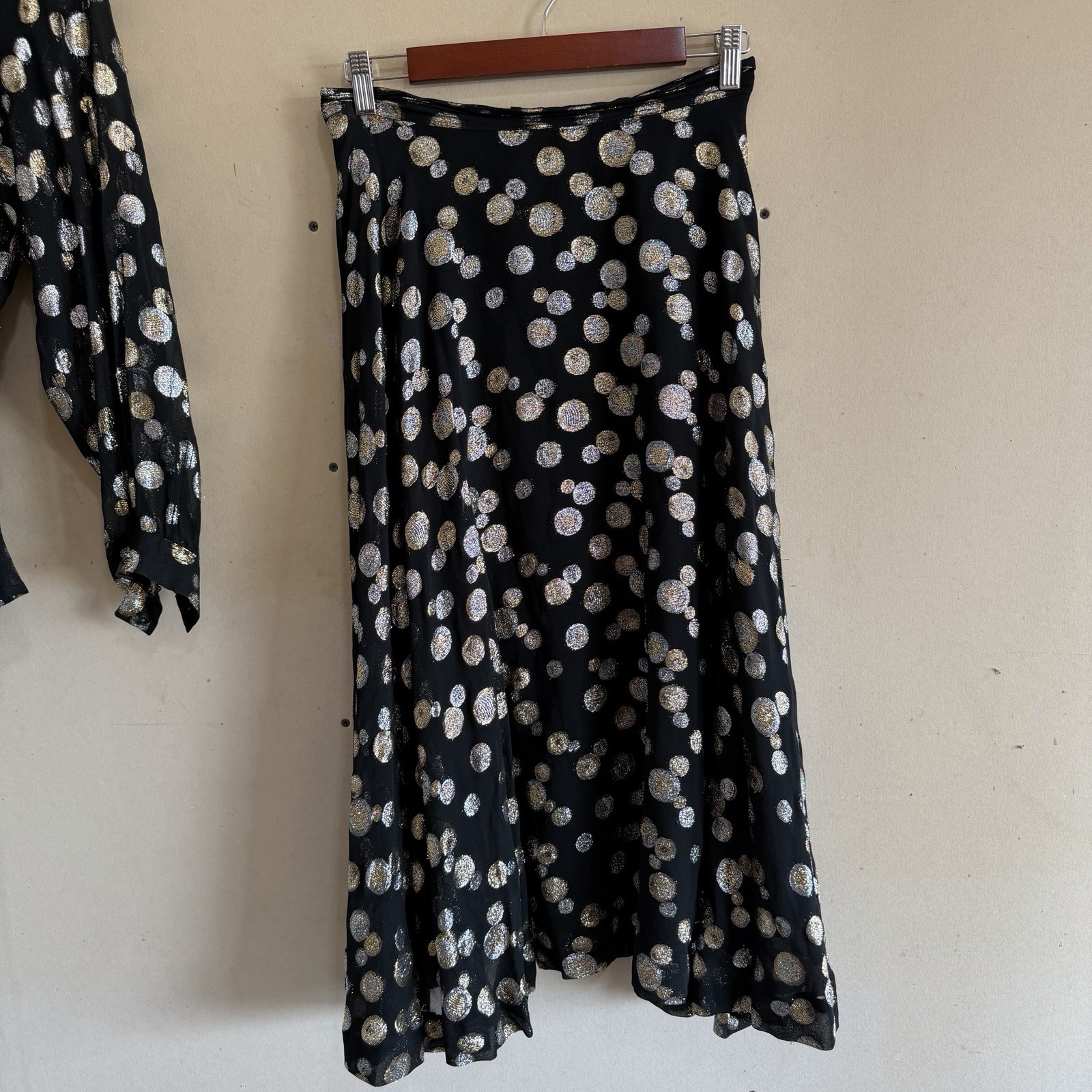 Vintage 80s Halston III Metallic Gold Silver Polka Dot Blouse Skirt Set Sz 10